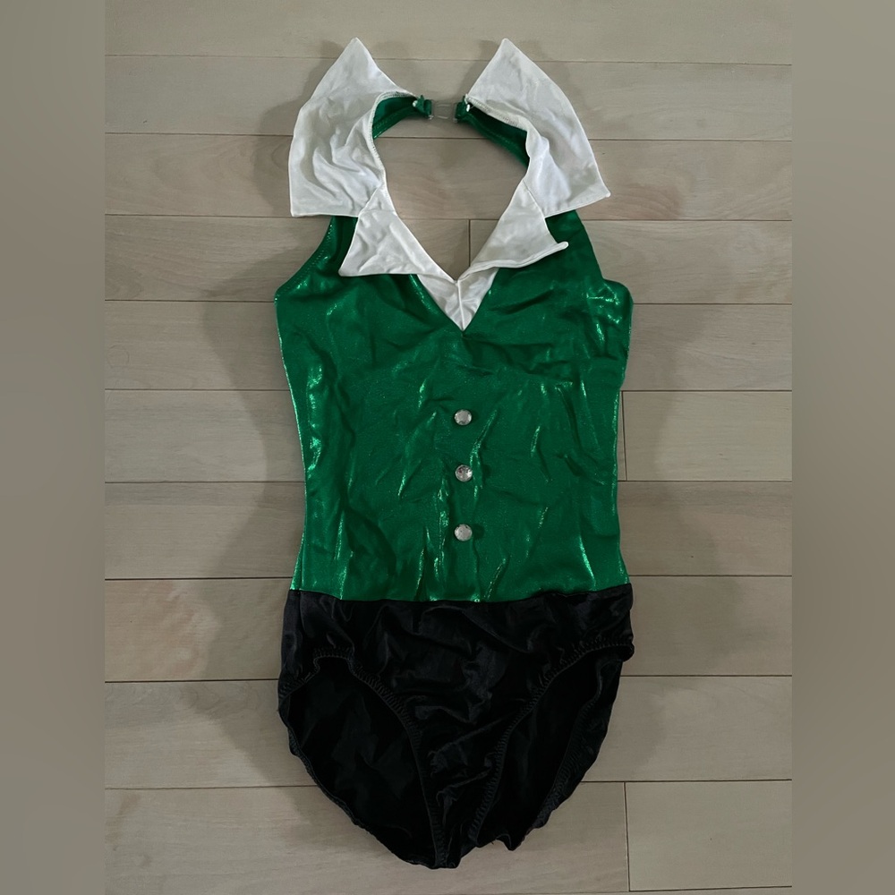 Green and Black Halter Bodysuit with White Collar